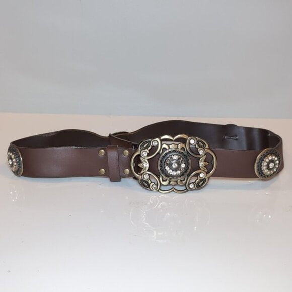 Xcetera Womens Western Belt Carved Brass Buckle Rhinestone Brown Faux Leather - Picture 9 of 9